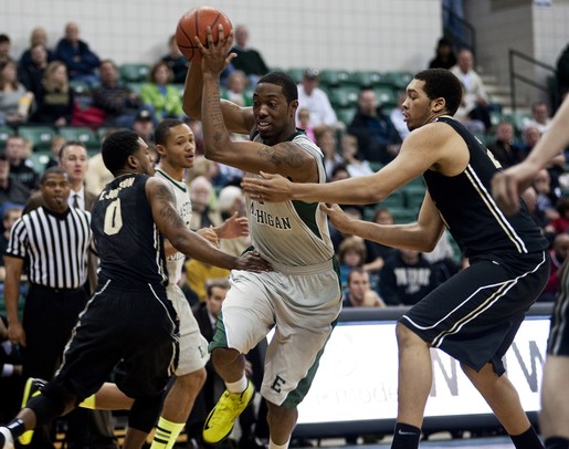 EMU junior Da'Shonte Riley maneuvers around Purdue defenders in the game on Saturday. Eastern Michigan won 47-44. Daniel Brenner I AnnArbor.com